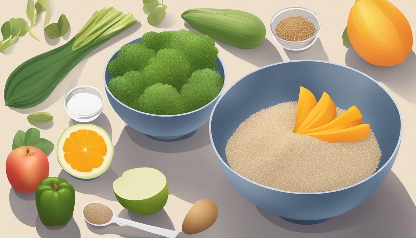 A bowl of psyllium husk mixed with water, a spoon, and various fruits and vegetables laid out on a kitchen counter