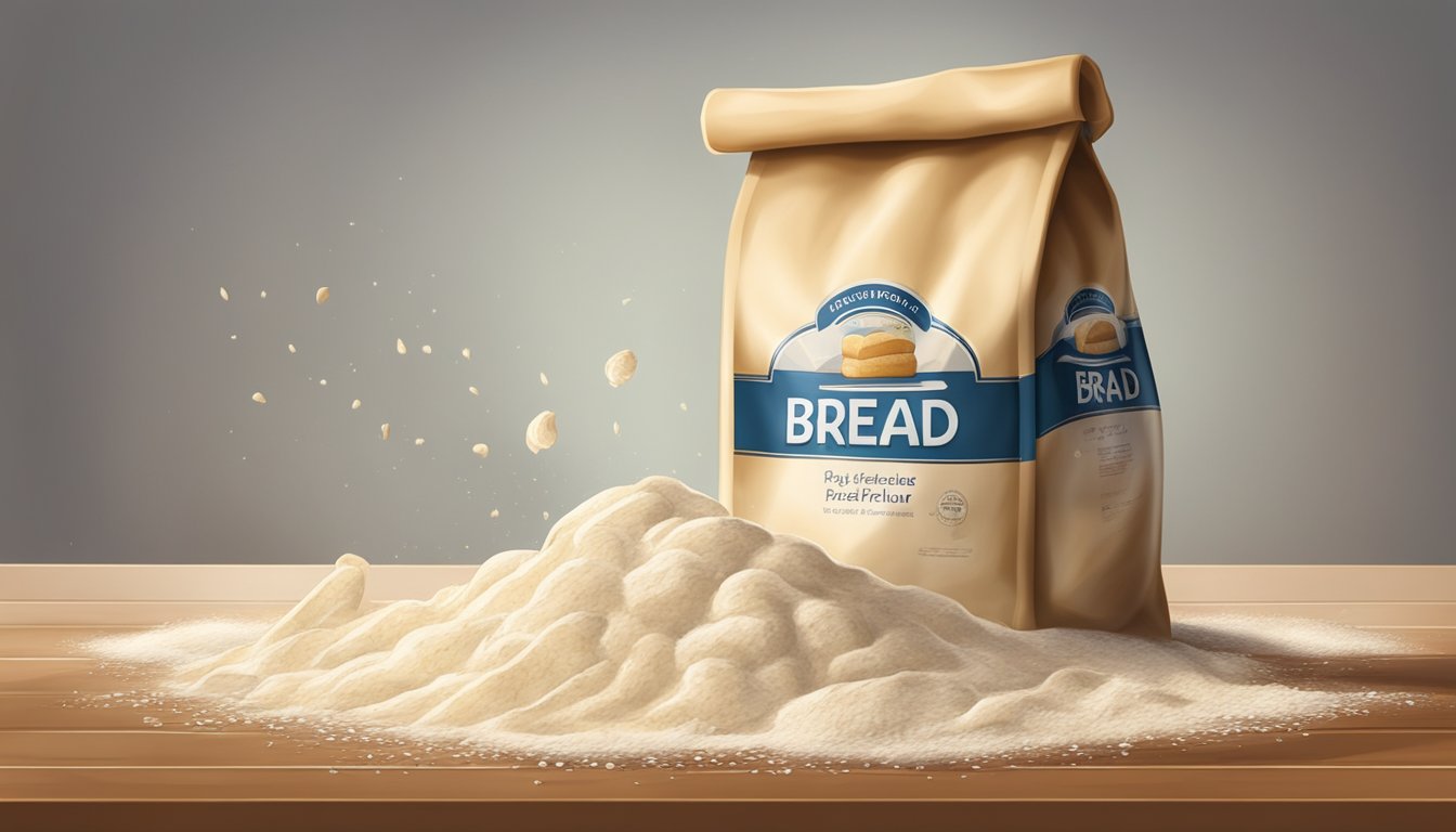 A bag of bread flour with a rip at the top, spilled flour on a kitchen counter