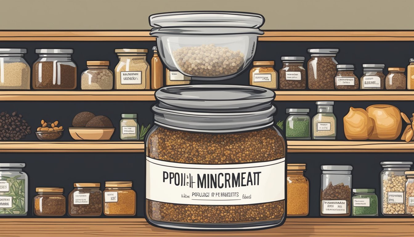 A jar of mincemeat sits on a shelf, surrounded by various spices and ingredients. The label on the jar indicates the expiration date, suggesting the possibility of spoilage