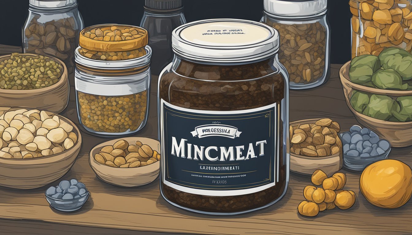 A jar of mincemeat sits on a shelf, surrounded by other preserved foods. The label on the jar indicates the expiration date