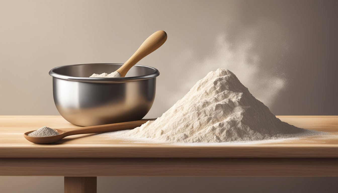 A bag of bread flour sits on a kitchen countertop, next to a mixing bowl and a wooden spoon. A cloud of flour hovers in the air as it is being scooped out