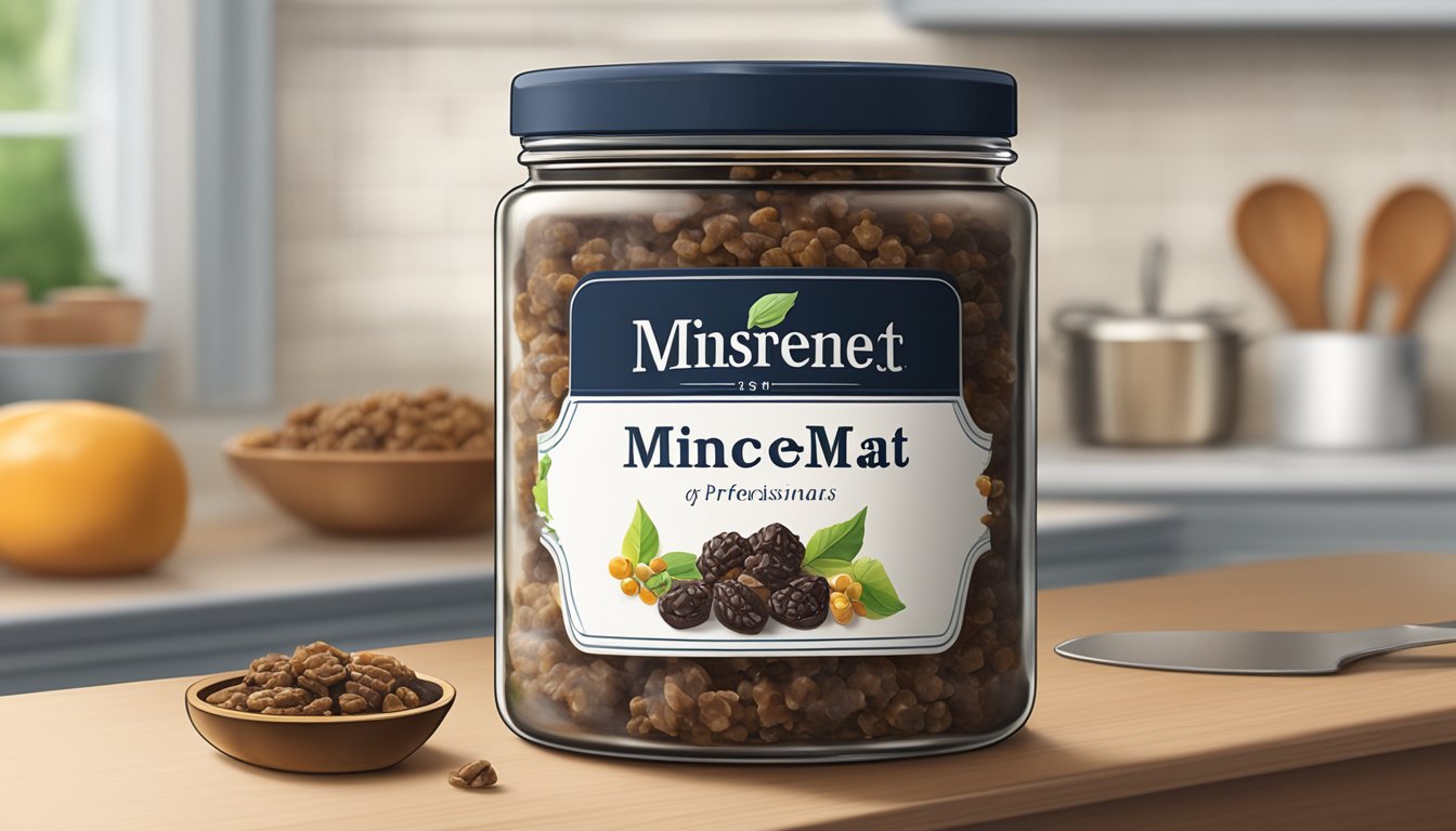 A jar of mincemeat sits on a clean, organized kitchen counter. The label is clearly visible, and the lid is tightly sealed