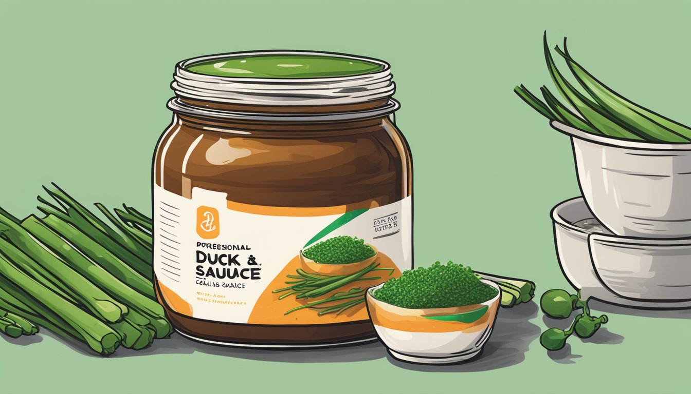 A jar of duck sauce sits open on a kitchen counter, surrounded by a few fresh and vibrant green scallions