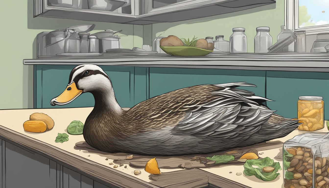 A duck carcass sits on a kitchen shelf, surrounded by expired food items. Mold and rot are visible on the duck