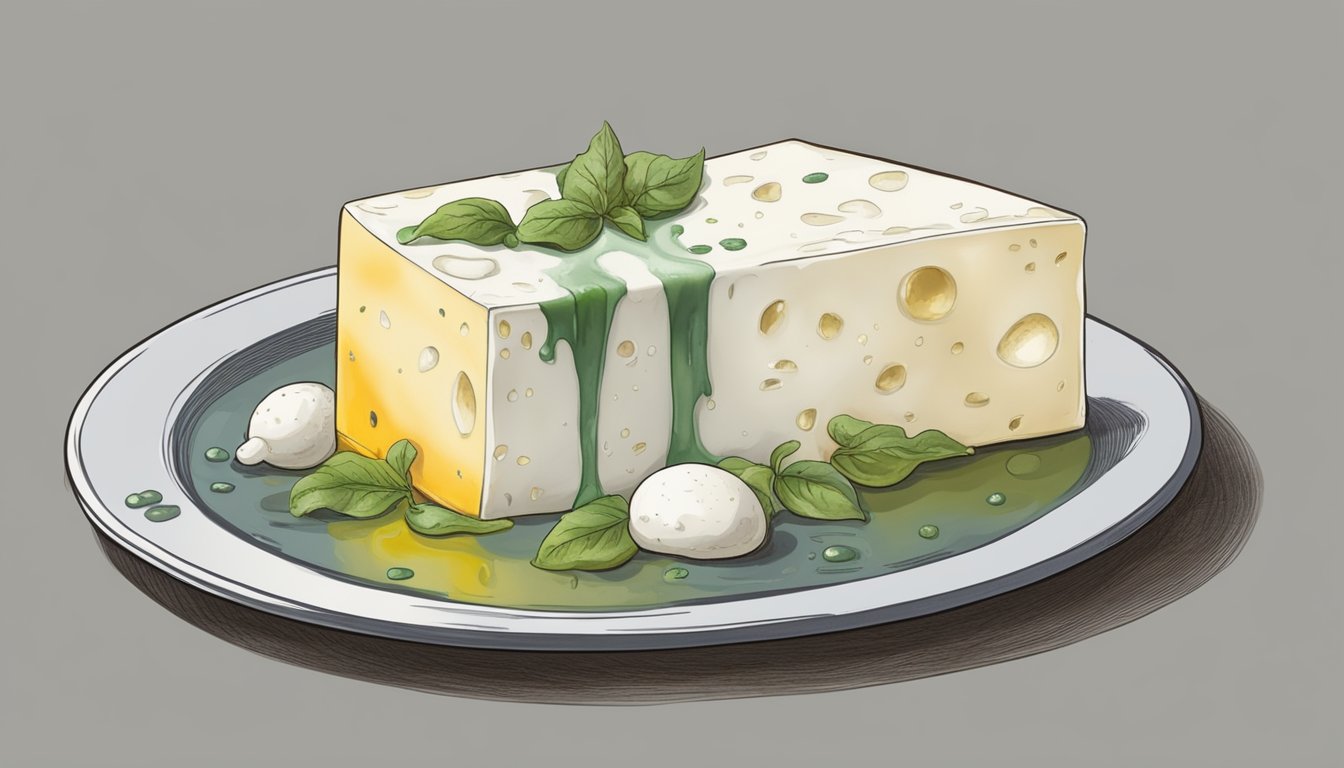 A block of moldy mozzarella cheese sits on a plate, surrounded by a foul odor and discolored liquid