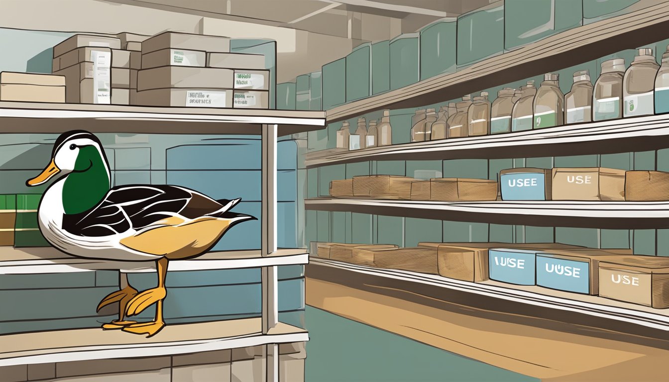 A duck sits on a shelf with a "Use By" date label. Nearby, a chart displays storage guidelines for poultry