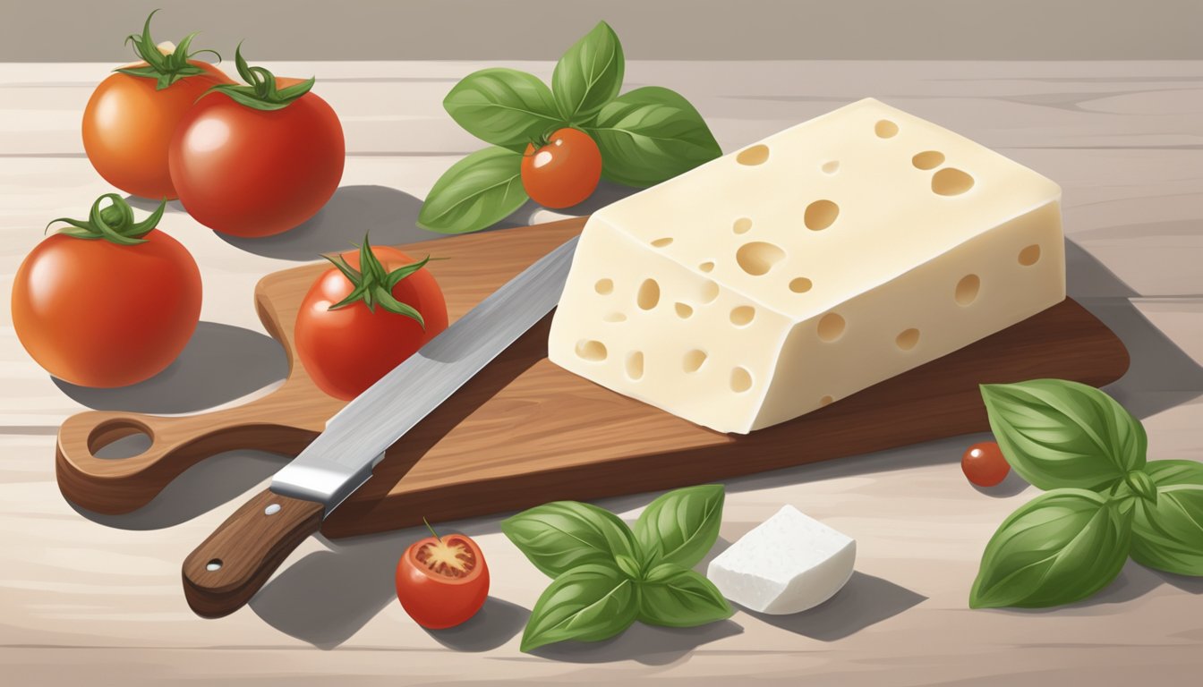 A block of mozzarella cheese sits on a clean cutting board, surrounded by fresh basil leaves and cherry tomatoes. A knife is poised to slice into the cheese