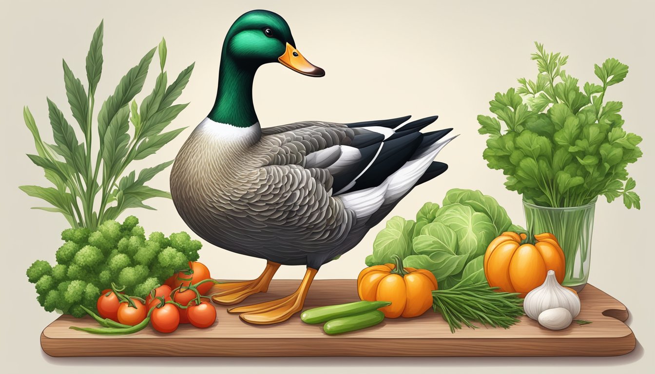 A duck sitting on a wooden cutting board surrounded by fresh herbs and vegetables