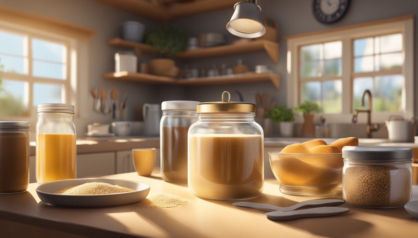 A jar of brewers yeast sits on a kitchen counter, surrounded by various baking ingredients and utensils. The sunlight streams in through the window, casting a warm glow on the scene