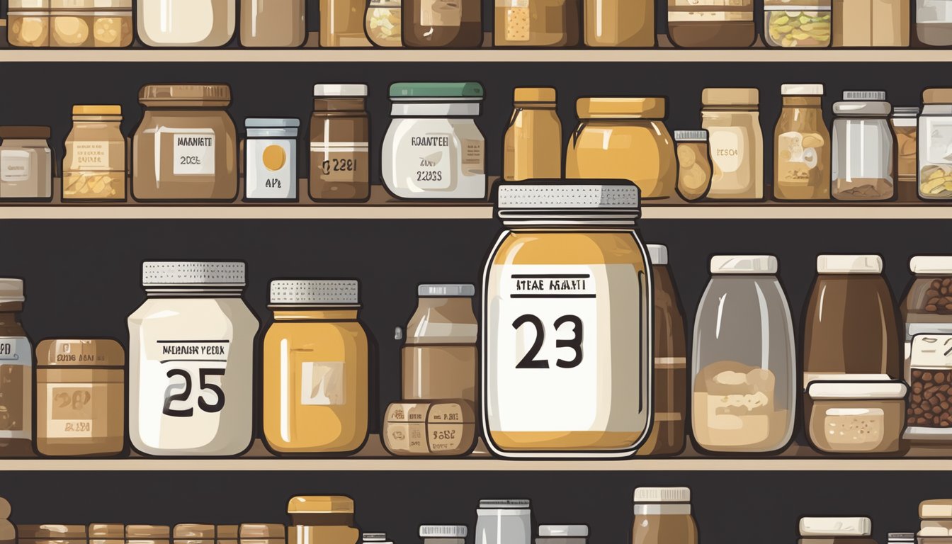 A jar of brewer's yeast sits on a shelf next to various food items, with a calendar showing different expiration dates