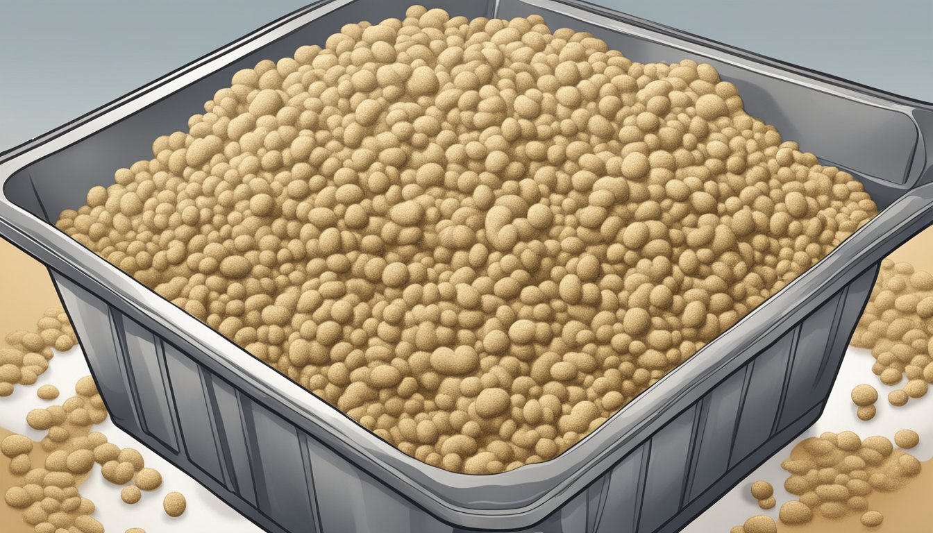 A pile of clumpy, discolored brewers yeast sits in an open container, emitting a sour odor