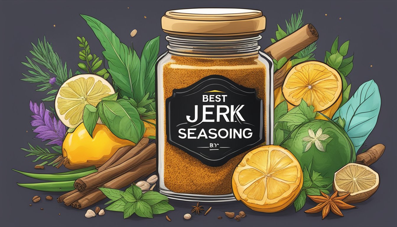 A jar of jerk seasoning surrounded by vibrant Caribbean spices and herbs, with a "best by" date clearly visible