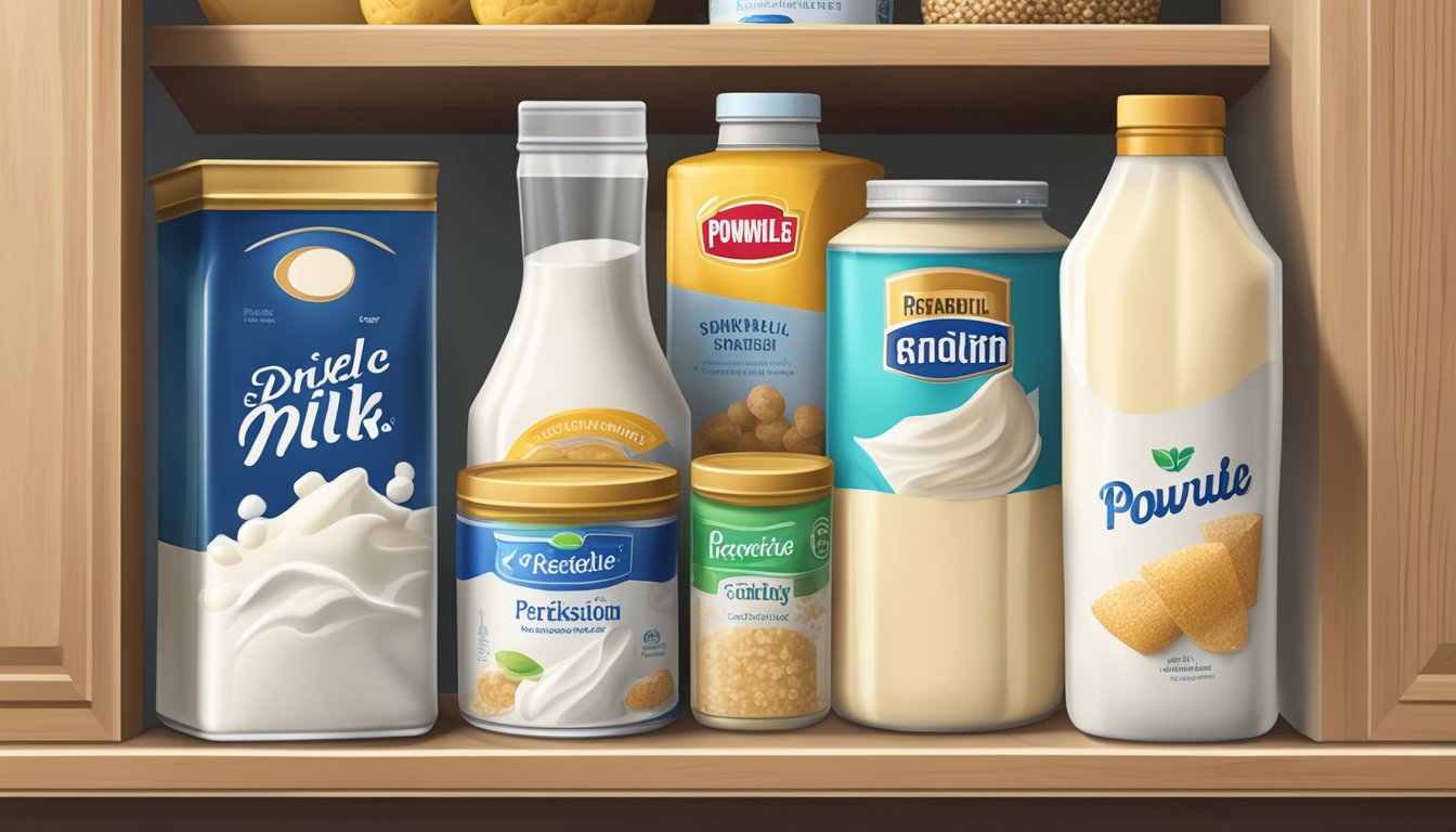 A pantry shelf with a sealed container of powdered milk next to other non-perishable items