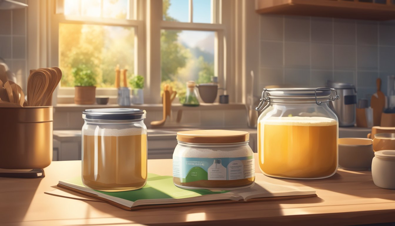 A glass jar of brewers yeast sits on a kitchen counter, surrounded by ingredients and a recipe book. Sunlight streams through the window, casting a warm glow on the scene