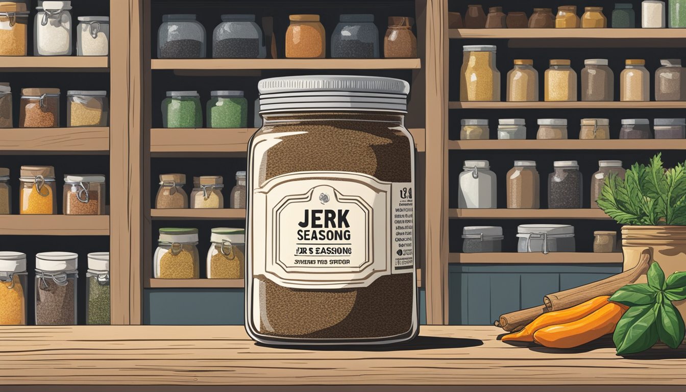 A jar of jerk seasoning sits on a dusty shelf next to other spices. The expiration date is barely visible, suggesting it may have expired