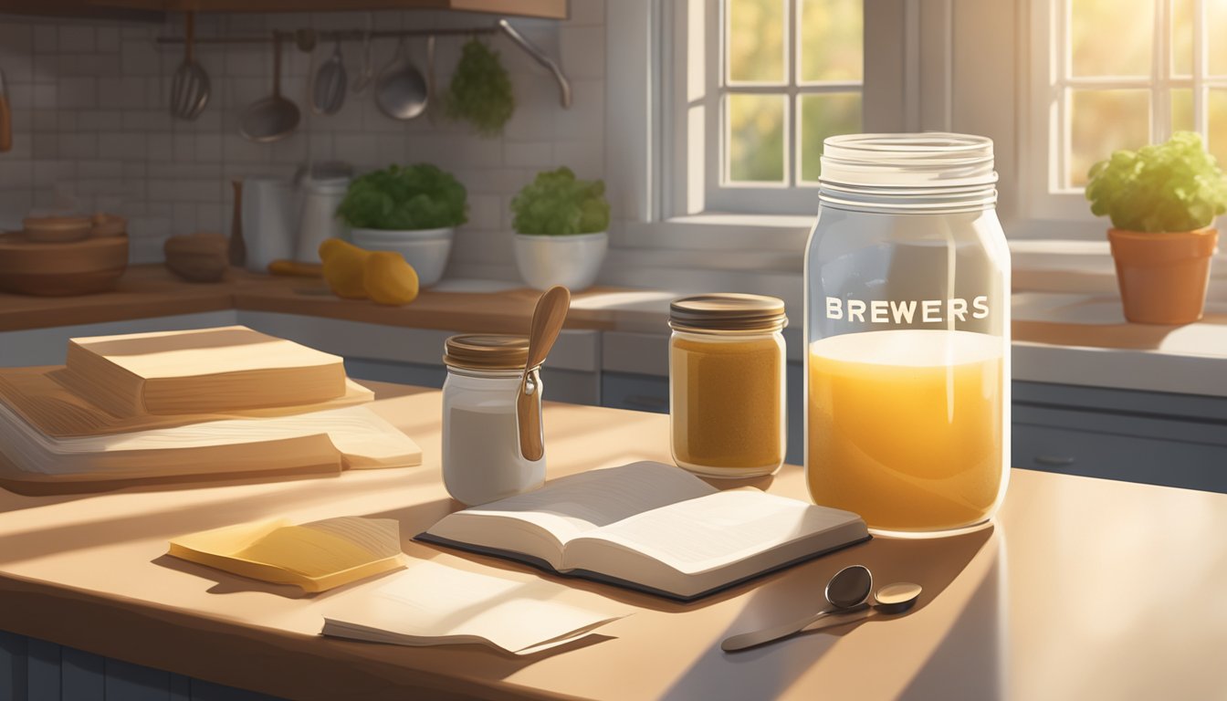 A jar of brewers yeast sits on a kitchen counter next to a measuring spoon and a recipe book. Sunlight streams through the window, casting a warm glow on the scene