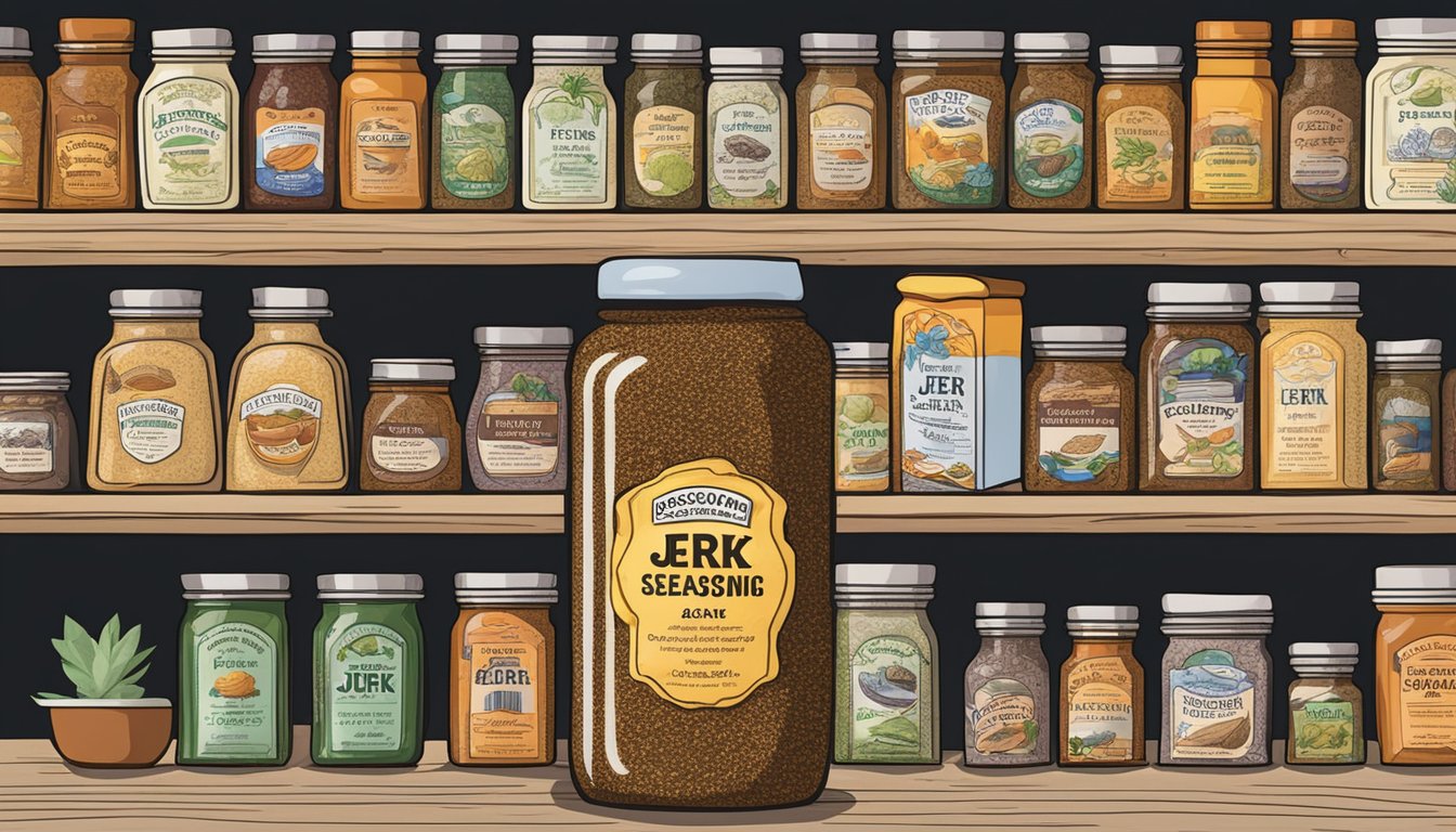 A jar of jerk seasoning sits on a shelf, surrounded by other spices. The label shows an expiration date