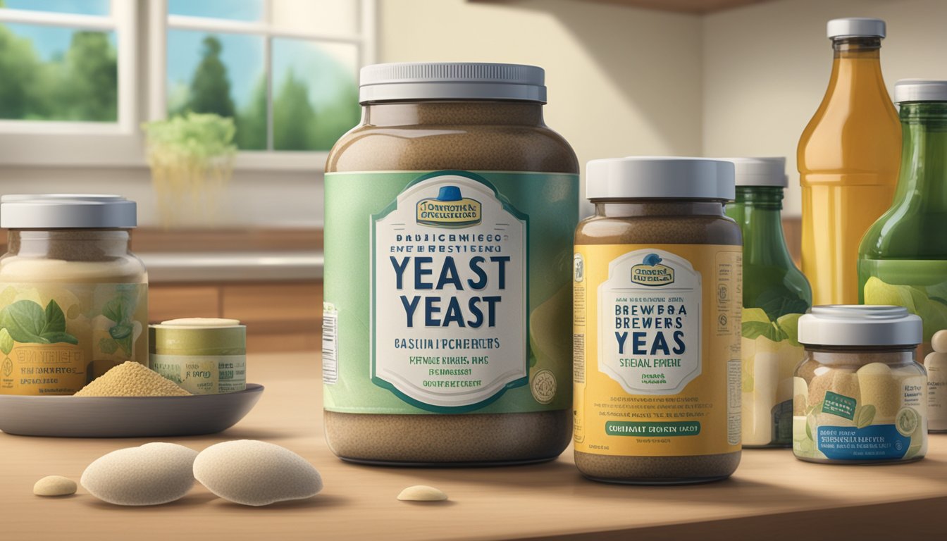 A jar of brewers yeast sits on a kitchen counter, surrounded by various dietary supplements. The label on the jar is faded and peeling, suggesting it may have been there for some time