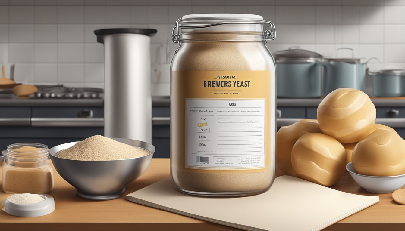 A jar of brewers yeast sits on a kitchen counter, surrounded by baking ingredients and a recipe book. The expiration date on the label is visible