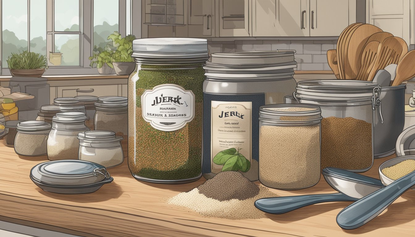 A jar of jerk seasoning sits on a kitchen counter, surrounded by various cooking utensils and ingredients. The label on the jar is faded, indicating potential quality degradation