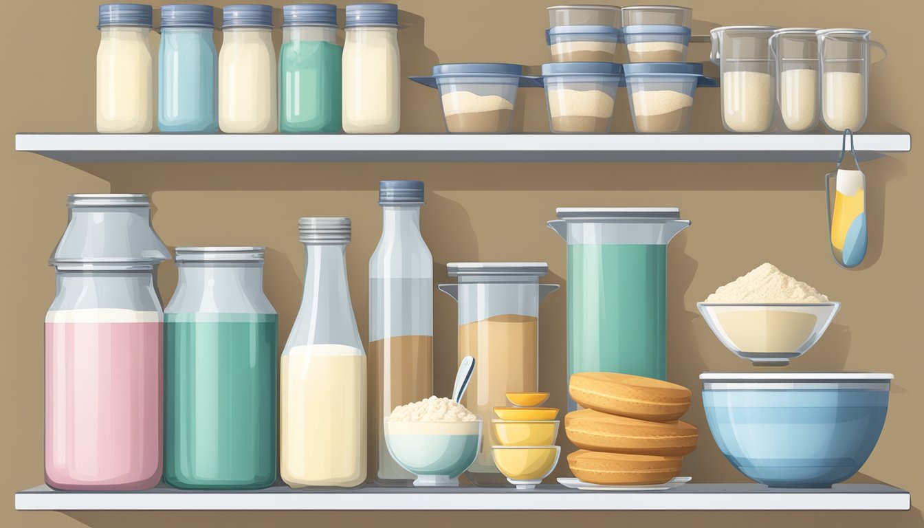 A pantry shelf with a container of powdered milk next to a mixing bowl and measuring cups, surrounded by various baking ingredients