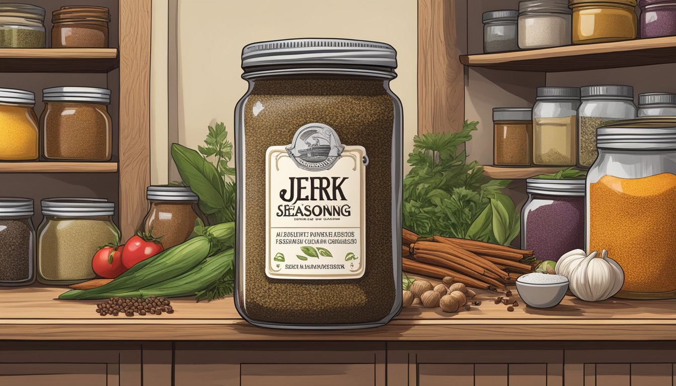 A jar of jerk seasoning sits on a shelf in a pantry, surrounded by other spices and ingredients. The label is clean and the lid is tightly sealed