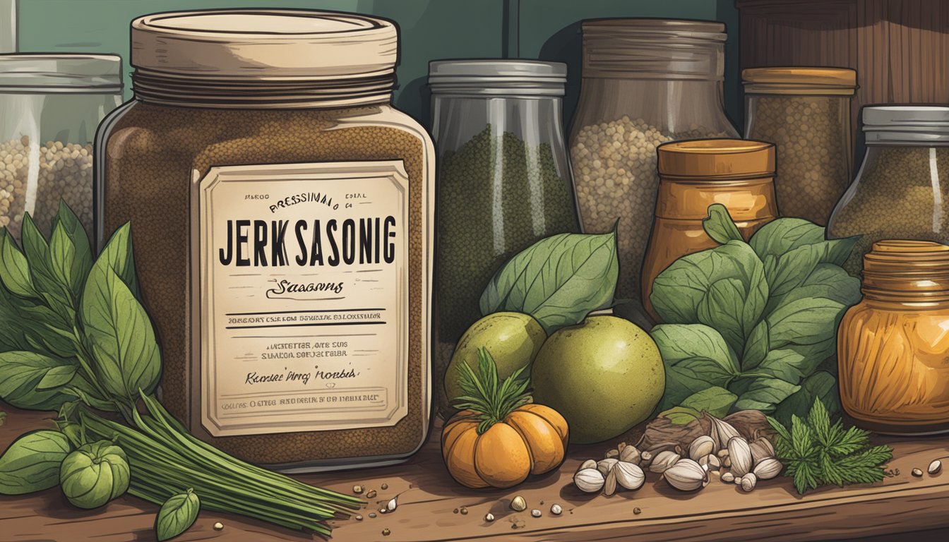 A jar of jerk seasoning sits on a kitchen shelf, surrounded by other spices and herbs. The label is faded, hinting at its age