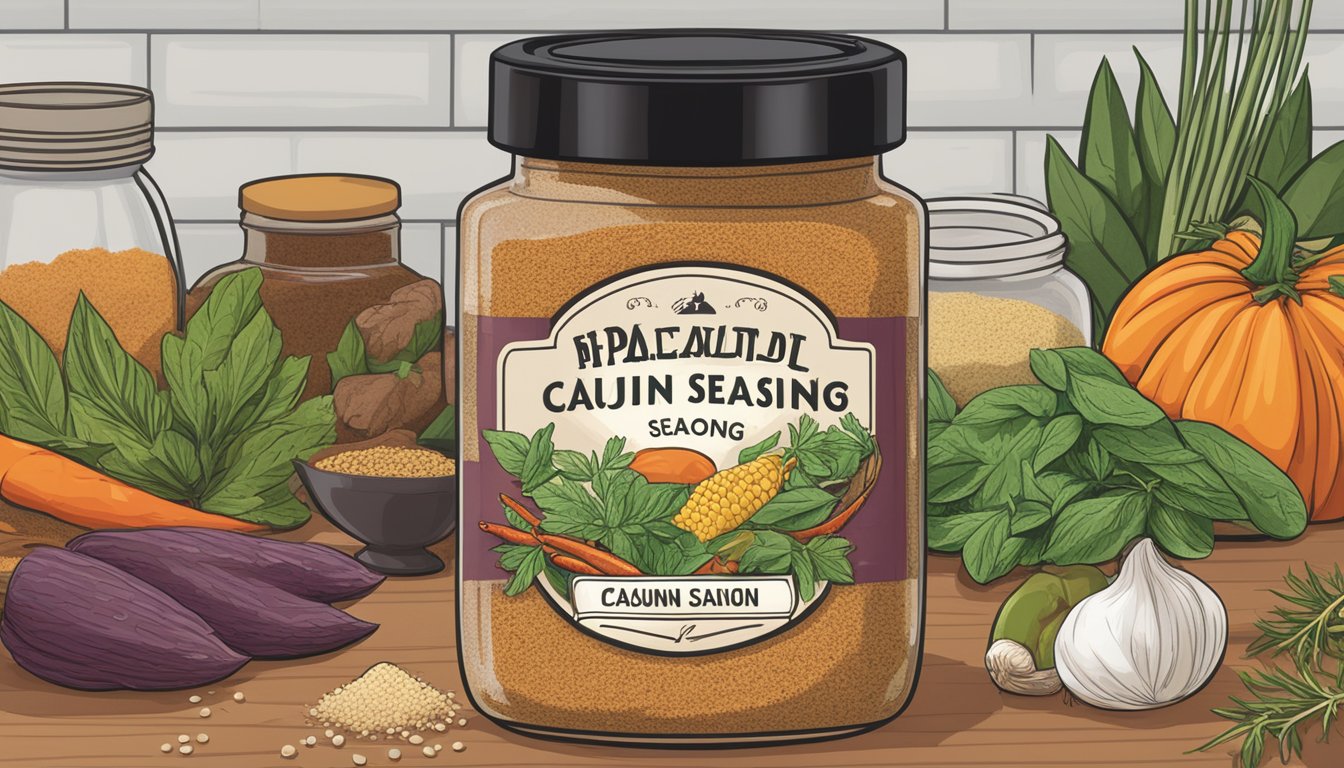 A jar of Cajun seasoning sits on a kitchen counter, surrounded by various spices and herbs. The label on the jar indicates an expiration date