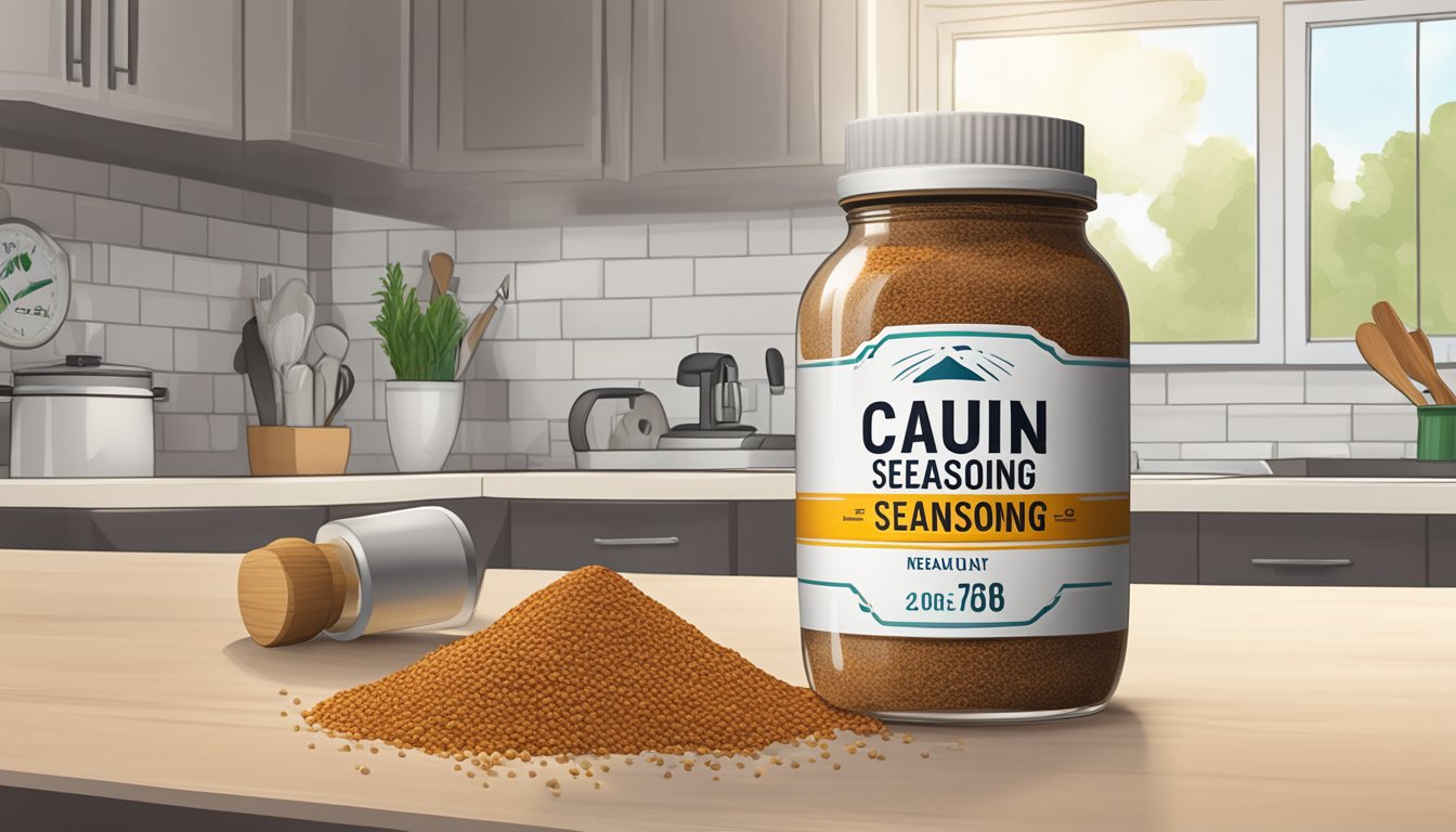 A jar of cajun seasoning sits on a kitchen counter next to a calendar, showing the current date. The seasoning jar is open, with a few granules spilled around the lid