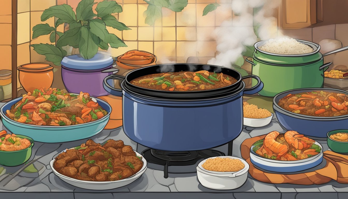 A steaming pot of gumbo simmers on a stove, surrounded by colorful bowls of jambalaya, blackened fish, and spicy shrimp, all seasoned with fragrant Cajun spices