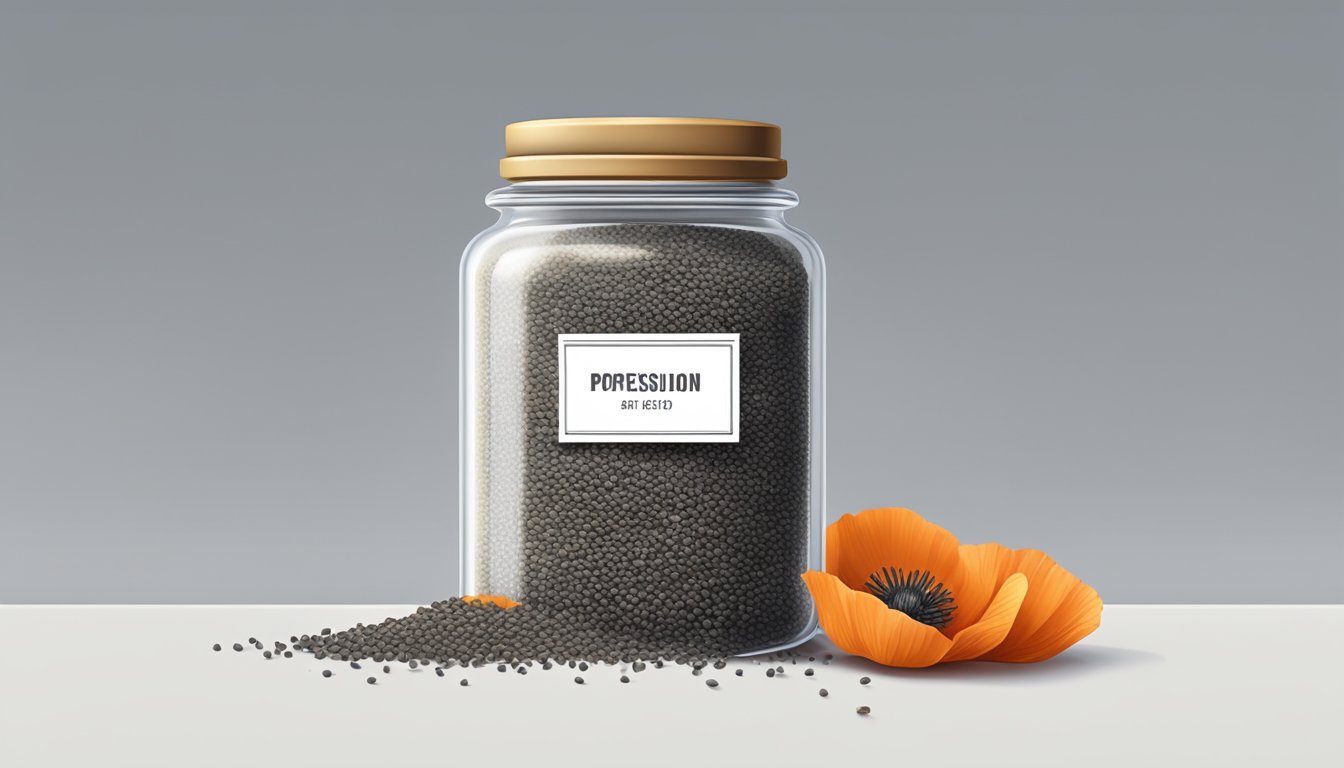 A close-up of a clear glass jar filled with poppy seeds, with a label indicating the expiration date and a small pile of seeds spilled out on a clean, white surface