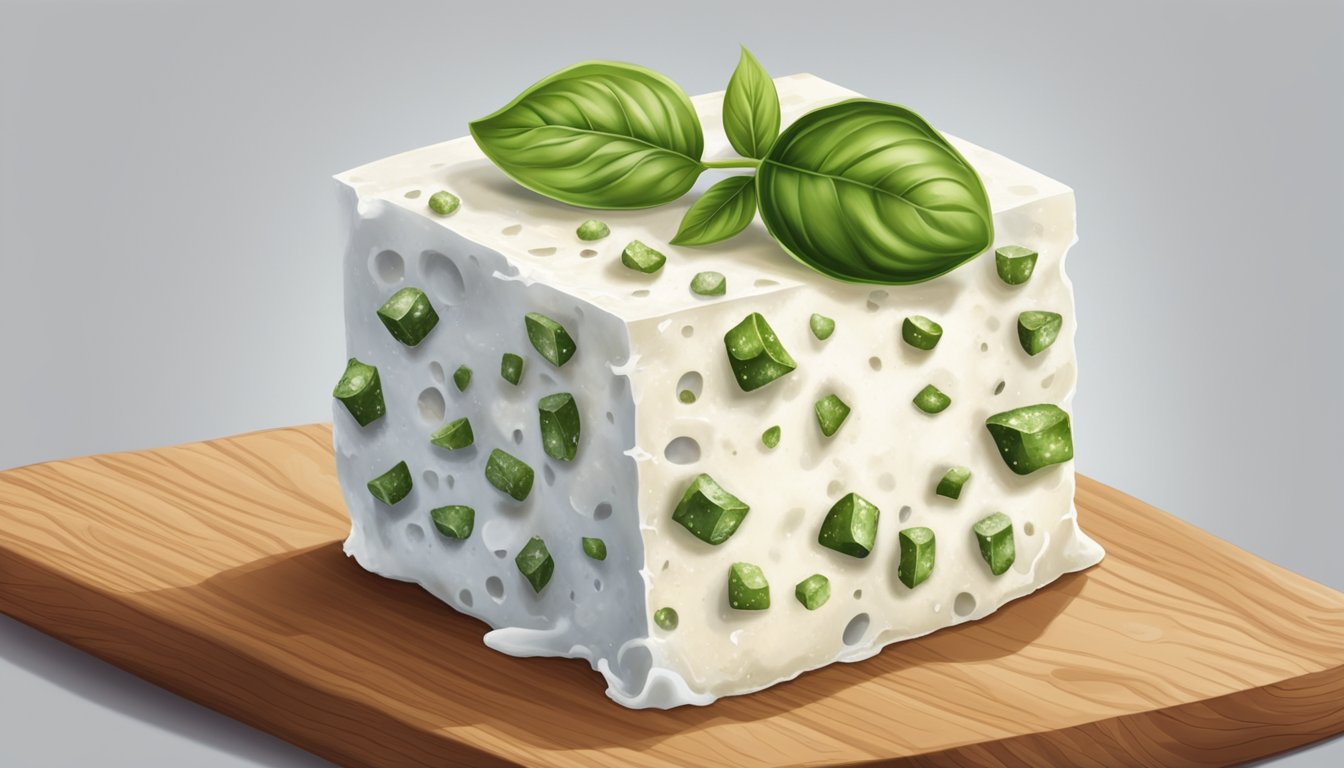 A block of feta cheese sits on a wooden cutting board, surrounded by moldy patches and emitting a sour odor