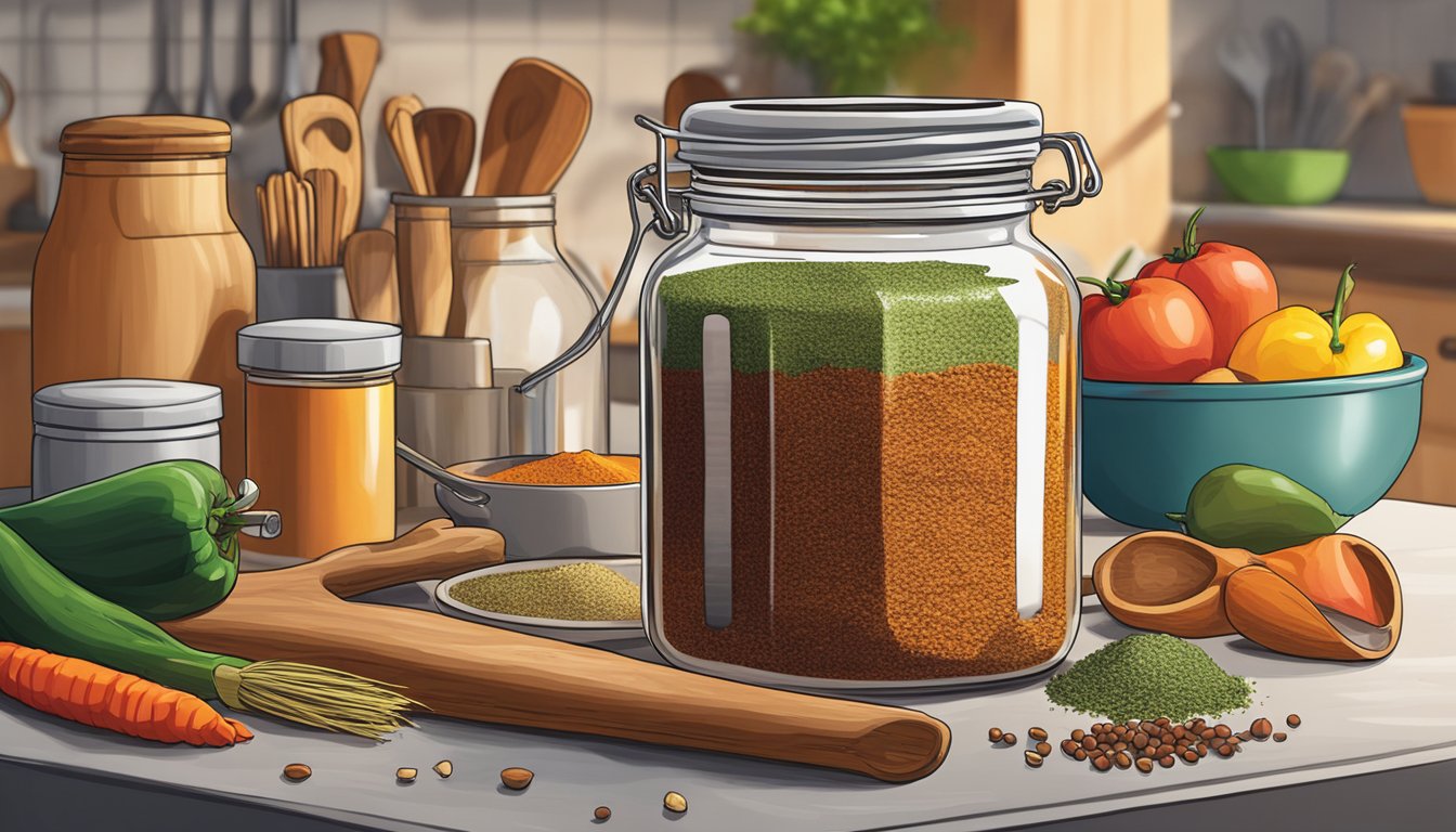 A jar of Cajun seasoning sits open on a kitchen counter, surrounded by various cooking utensils and ingredients. The vibrant colors of the spices inside the jar catch the light, drawing attention to its contents