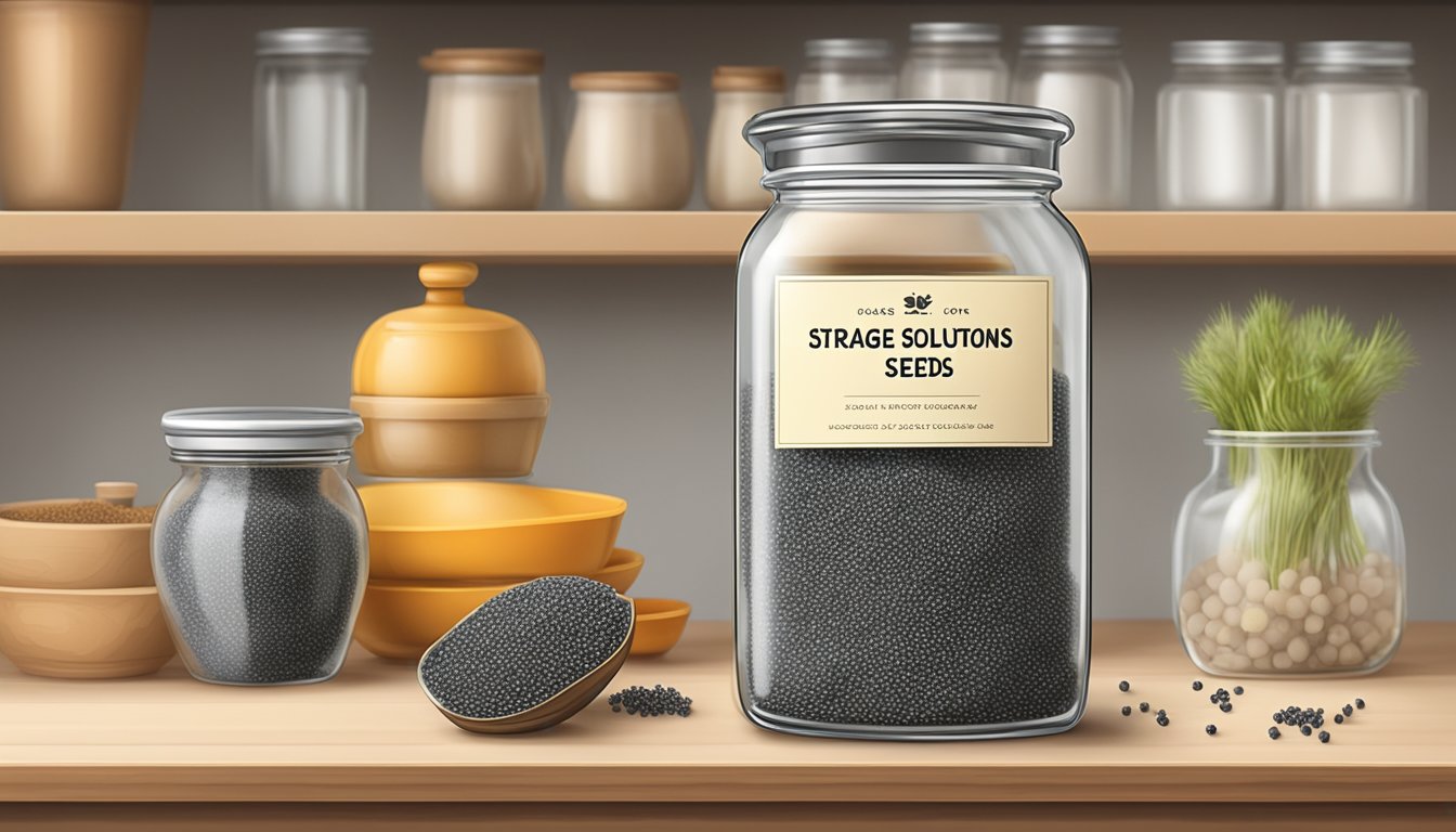 A glass jar filled with poppy seeds sits on a kitchen shelf, next to a label reading "Storage Solutions for Poppy Seeds."