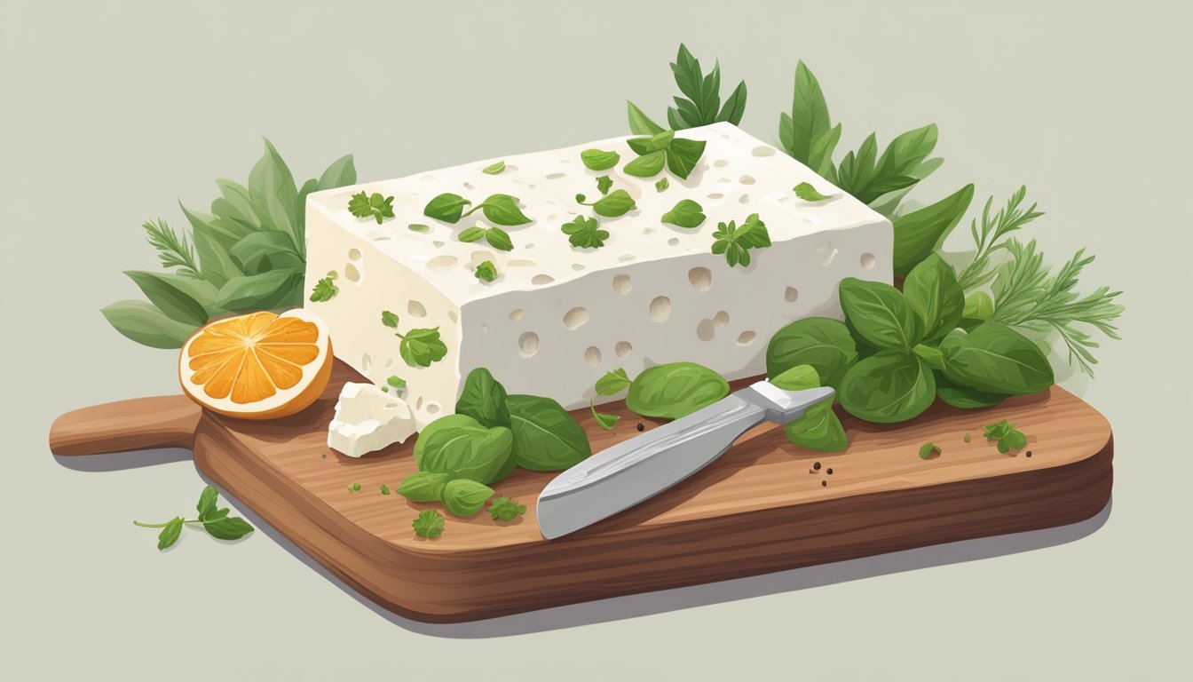 A block of feta cheese sits on a wooden cutting board, surrounded by a variety of fresh herbs and spices. A small knife is poised to slice into the cheese