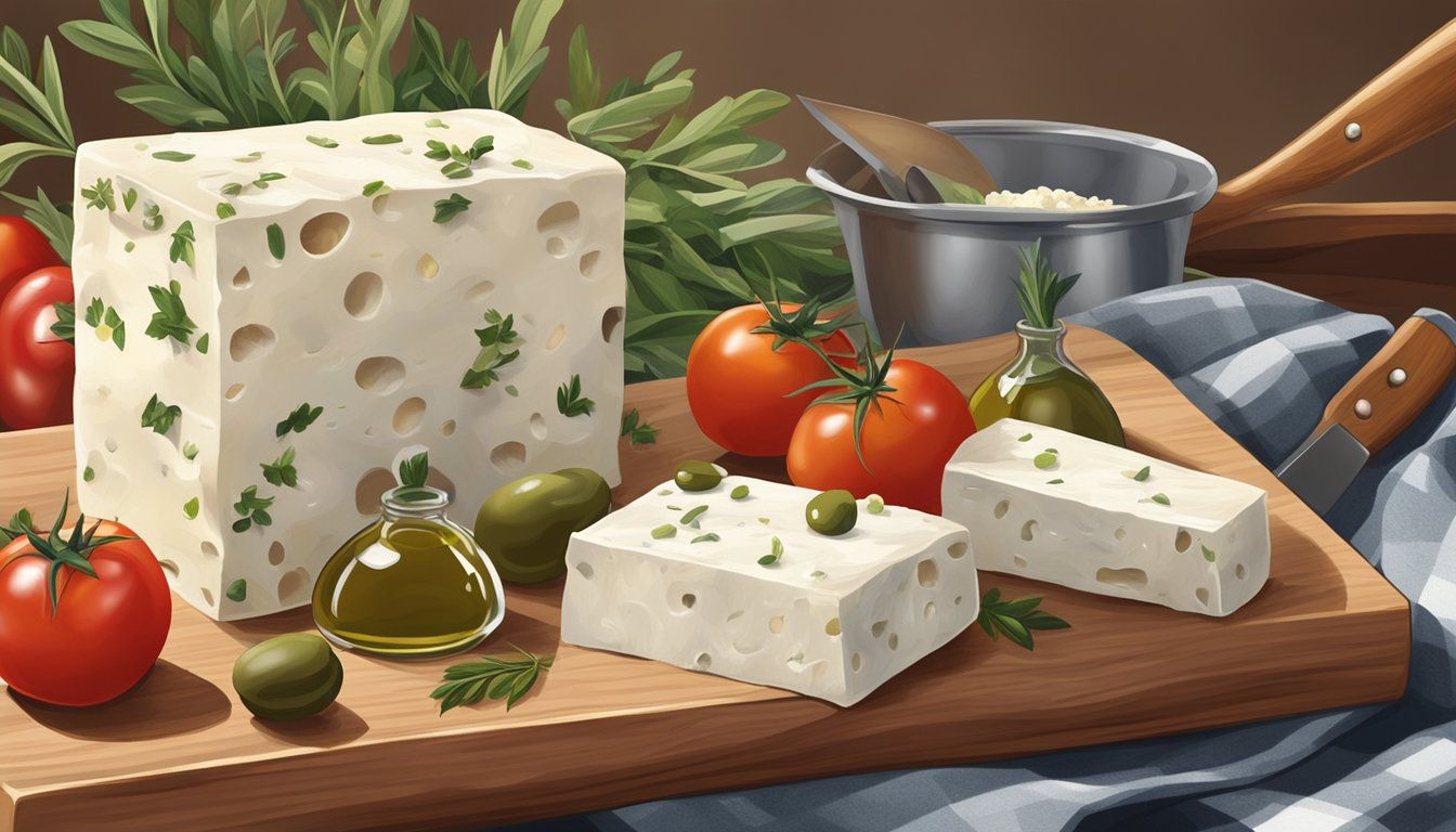 A block of feta cheese sits on a wooden cutting board, surrounded by olives, tomatoes, and herbs. A glass jar of olive oil and a knife are nearby