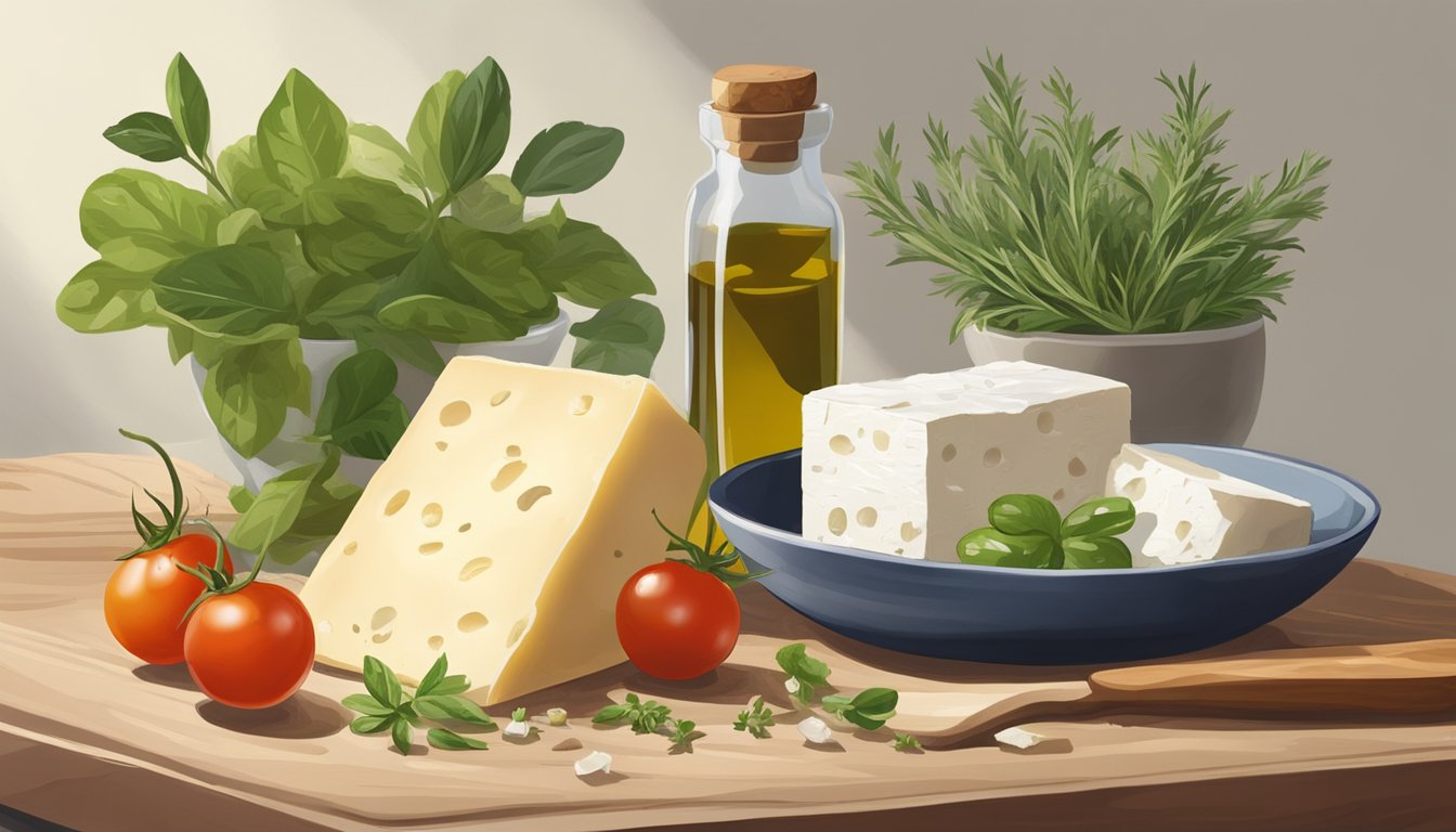 A block of feta cheese sits on a wooden cutting board surrounded by fresh herbs, olives, and cherry tomatoes. A small dish of olive oil and a few slices of crusty bread complete the scene