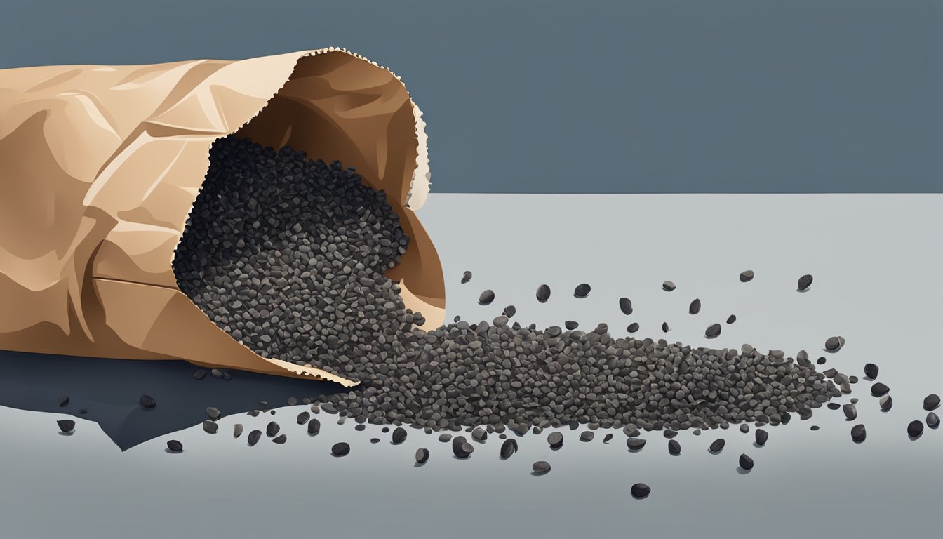 A pile of poppy seeds spilling out of a torn paper bag, scattered on a kitchen counter