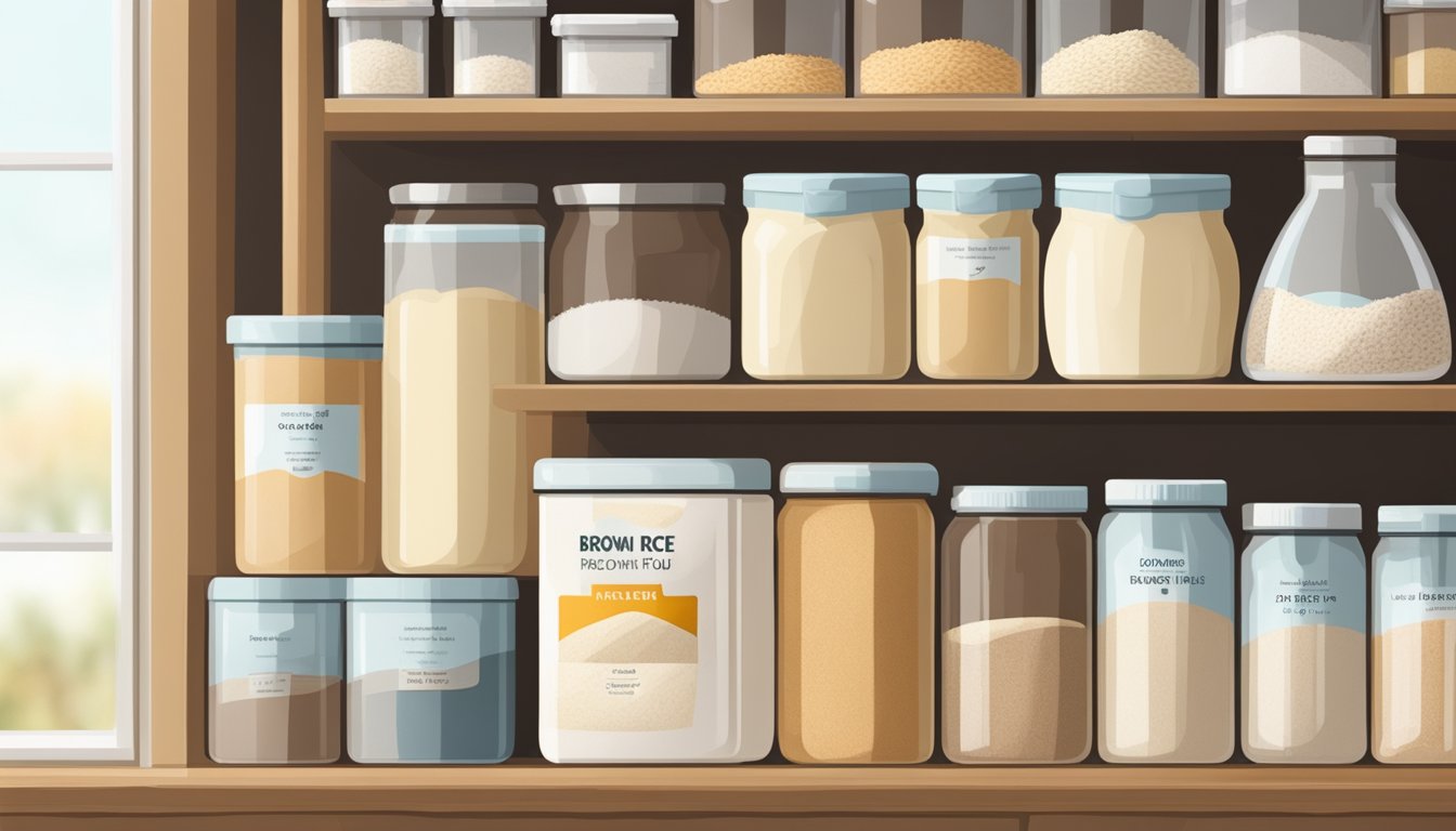 A sealed container of brown rice flour sits on a shelf next to other dry ingredients in a clean, organized pantry