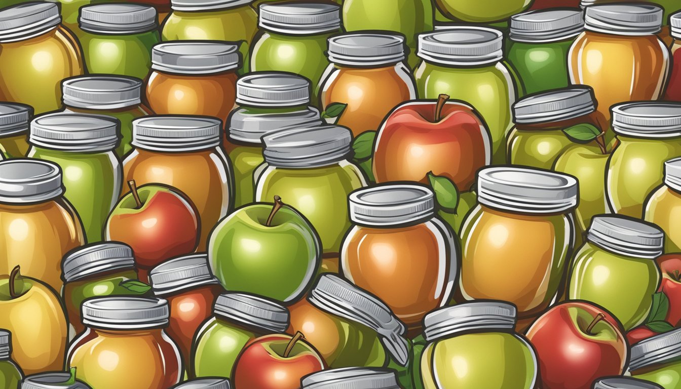 A jar of applesauce surrounded by various types of apples, with a few applesauce containers in the background