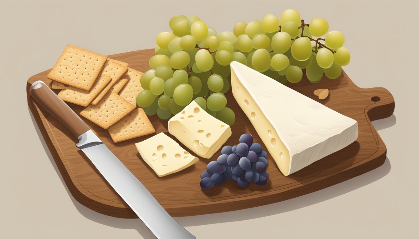 A wheel of brie cheese sits on a wooden cutting board, surrounded by grapes and crackers. The cheese is partially covered by a white rind, and a knife is nearby