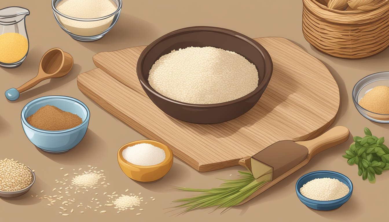 A kitchen counter with a bowl of brown rice flour, a rolling pin, and various baking ingredients scattered around