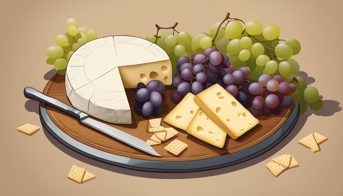 A wheel of brie cheese on a wooden cutting board, surrounded by grapes, crackers, and a cheese knife