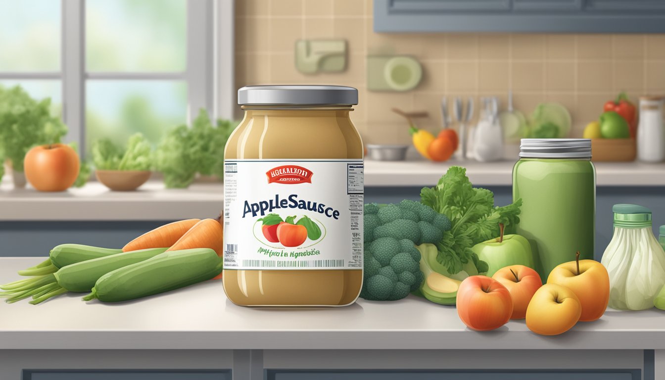 A jar of applesauce sits on a kitchen counter, surrounded by various fresh fruits and vegetables. The lid is tightly sealed, and the label indicates the expiration date