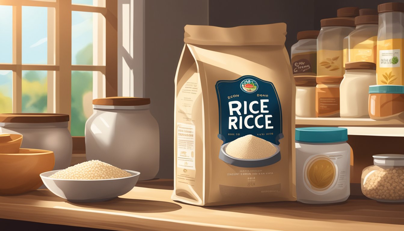 A sealed bag of brown rice flour sits on a shelf, surrounded by other pantry items. Sunlight streams in through a nearby window, casting a warm glow on the packaging