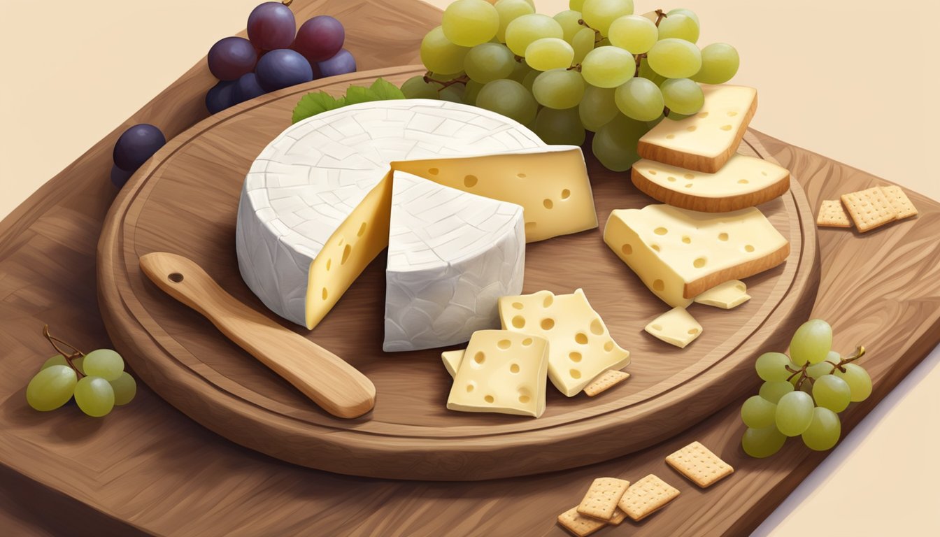 A wheel of brie cheese sits on a wooden cutting board, surrounded by grapes and crackers. The cheese is slightly soft with a creamy interior