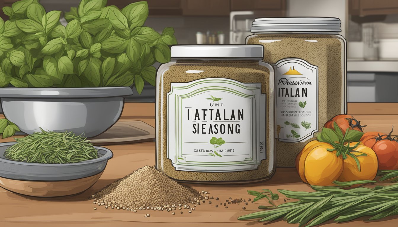 A jar of Italian seasoning sits on a kitchen counter, surrounded by fresh herbs and spices. The label shows the expiration date