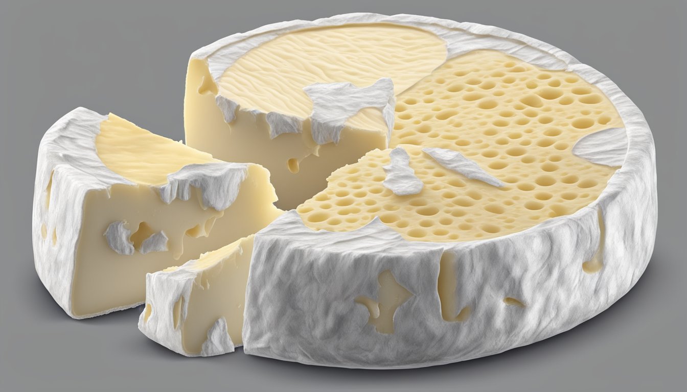 A wheel of camembert cheese with visible signs of spoilage, such as mold growth and discoloration