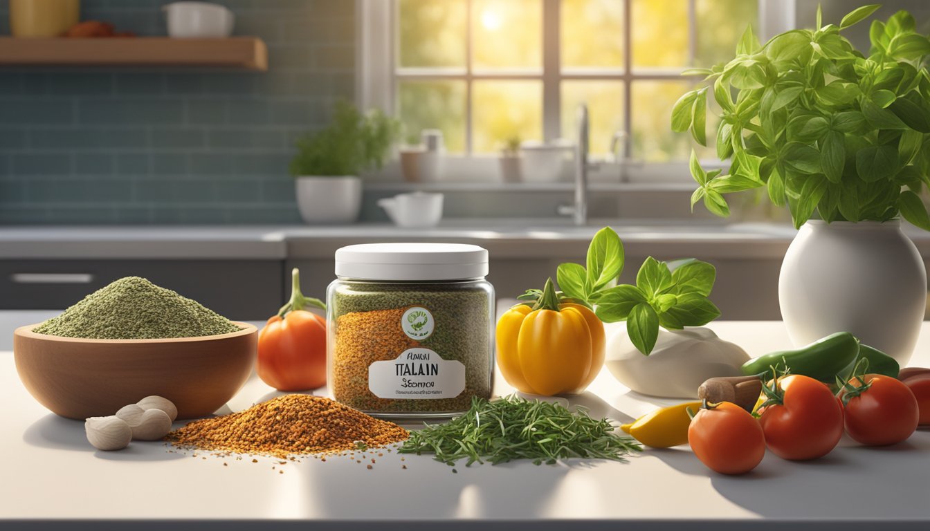 A jar of Italian seasoning sits on a kitchen counter, surrounded by vibrant herbs and spices. The sunlight streams in through the window, highlighting the freshness and potency of the ingredients