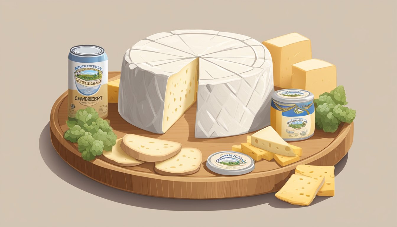 A wheel of camembert cheese sits on a wooden shelf, surrounded by other dairy products. The label indicates the expiration date, and a wedge has been cut from the cheese